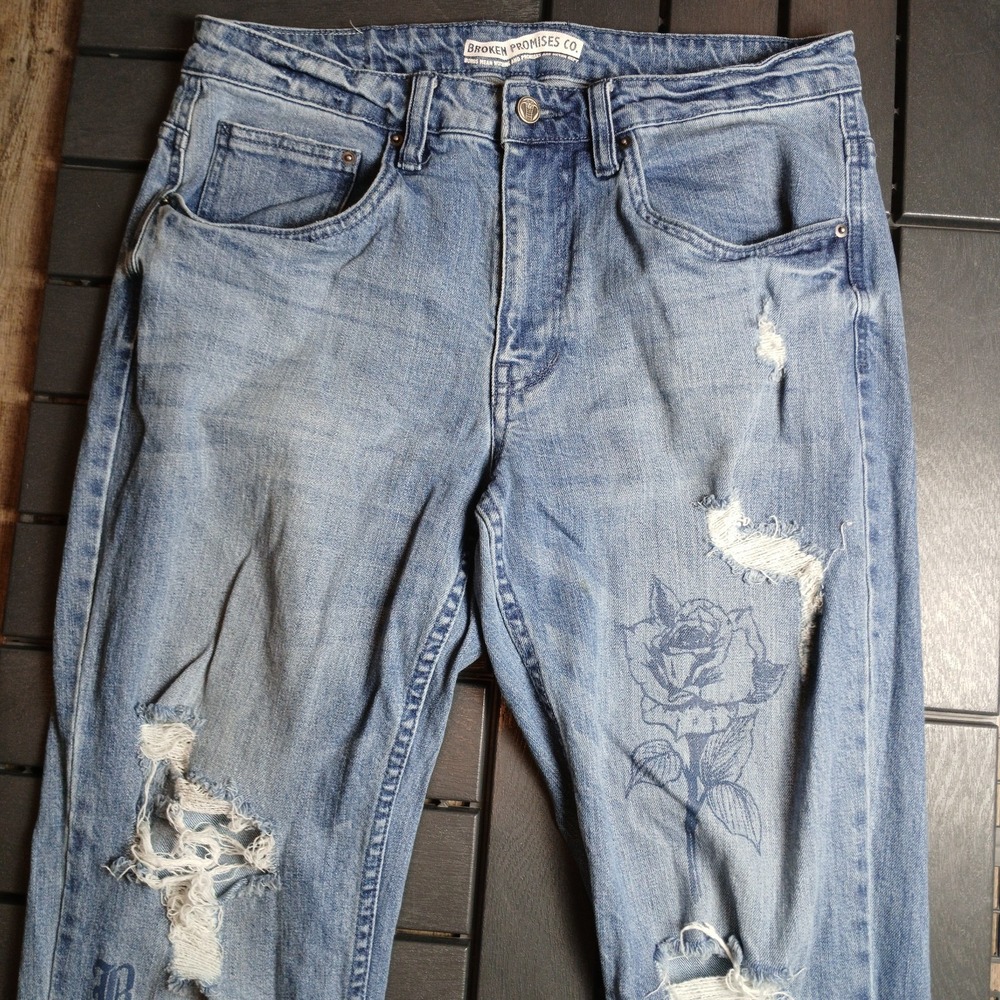Broken Promises Distressed Mens 32x29 Straight Blue Snake Cobra Rose Jeans JA128 - Picture 3 of 15